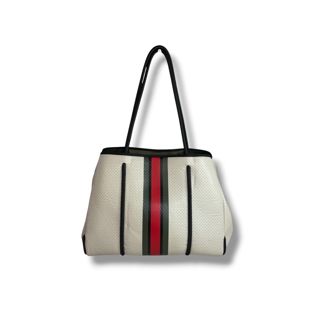 Haute Shore Greyson Roma Cream Perforated Neoprene Tote Bag Green Red Stripe
